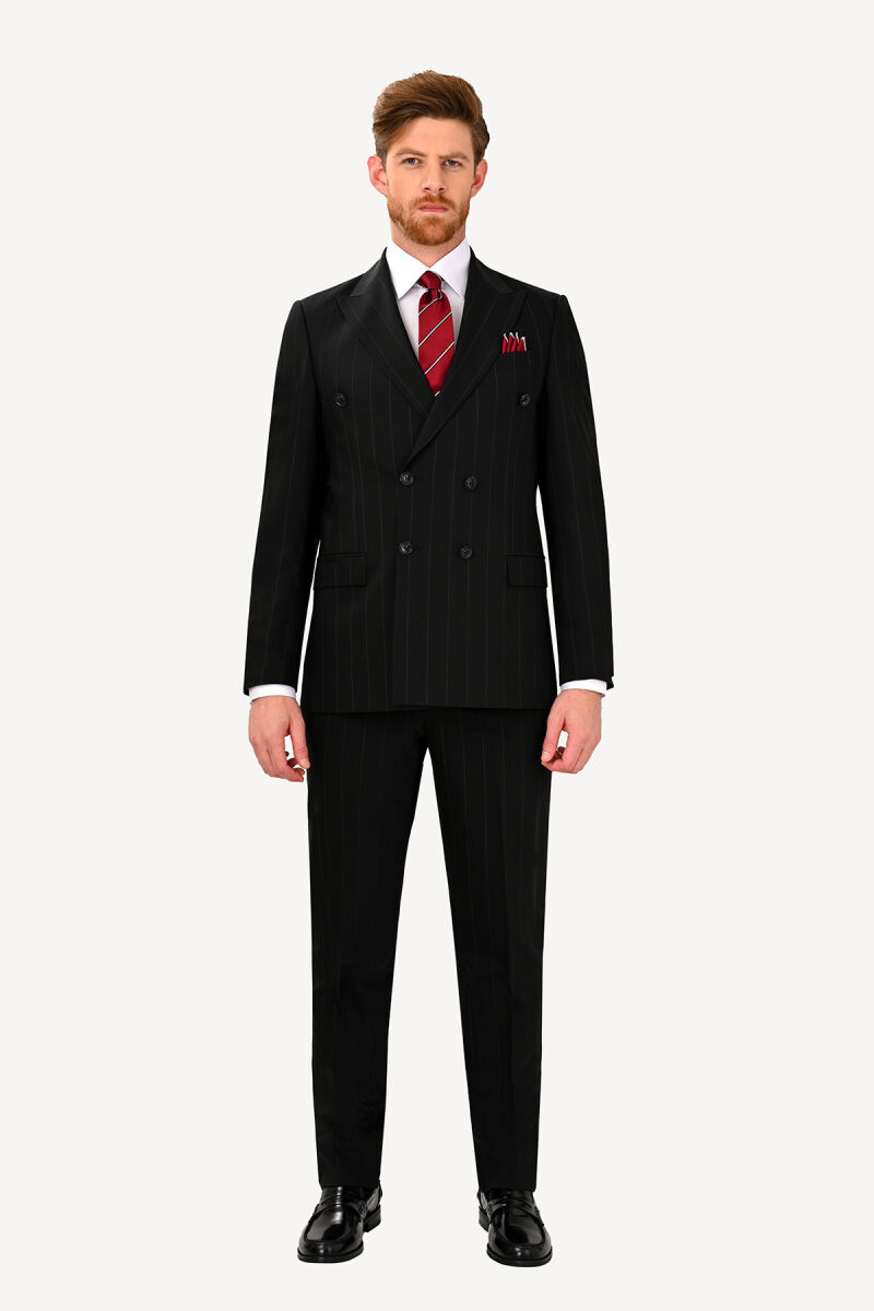 Erkek Siyah Regular Fit Kruvaze Yün Takım Elbise - 1