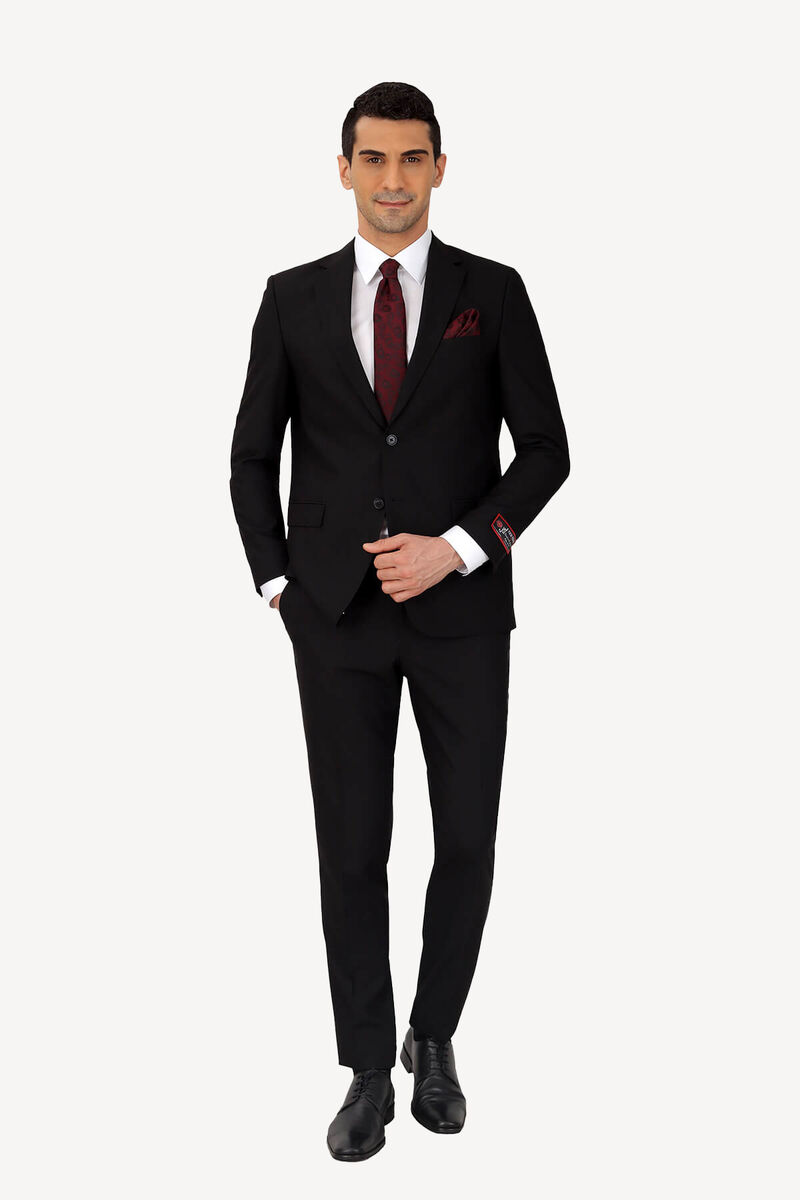 Erkek Siyah Slim Fit %100 Yün Takım Elbise - 1