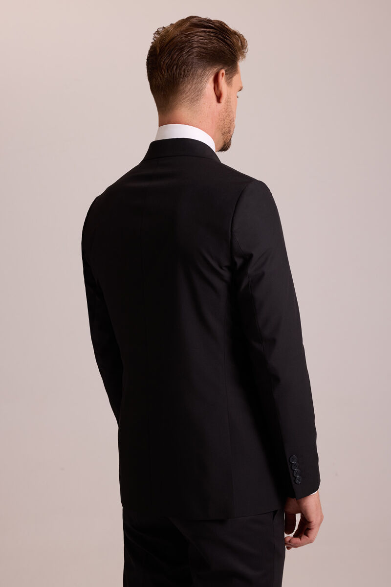 Erkek Siyah Yünlü Kruvaze Yaka Regular Fit Takım Elbise - 10