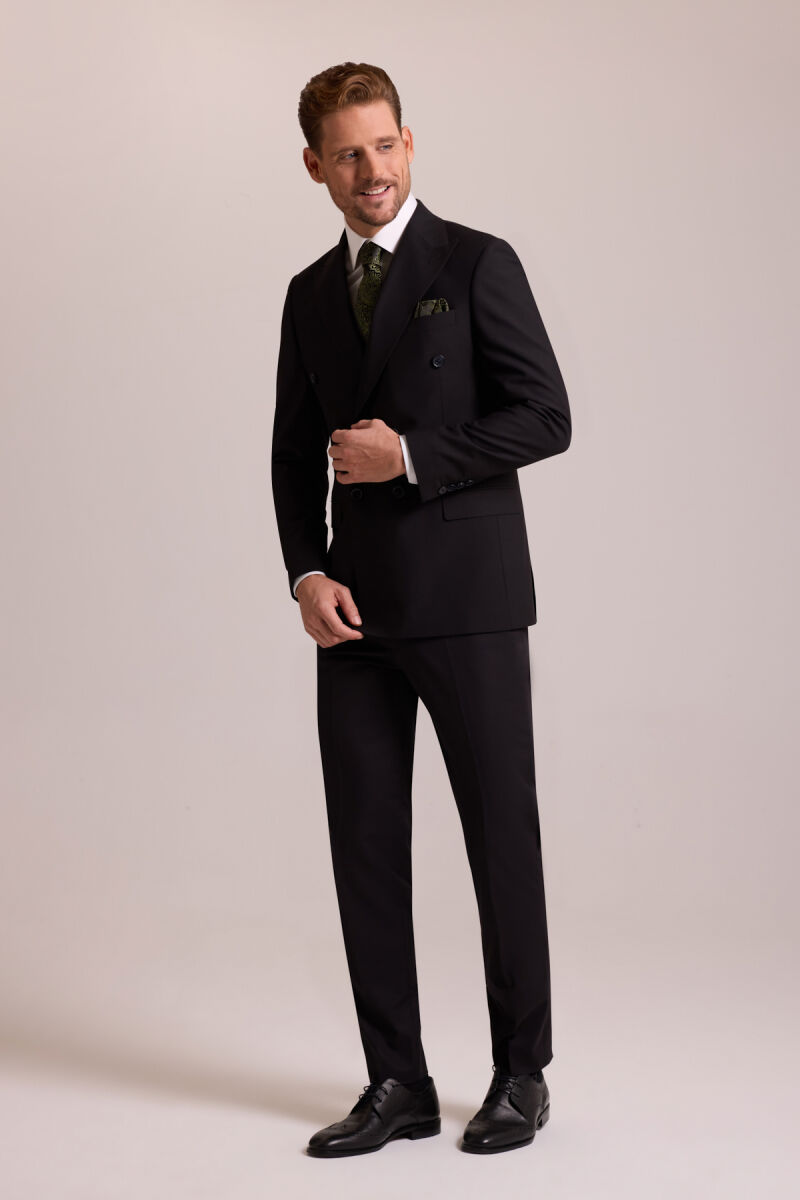 Erkek Siyah Yünlü Kruvaze Yaka Regular Fit Takım Elbise - 2
