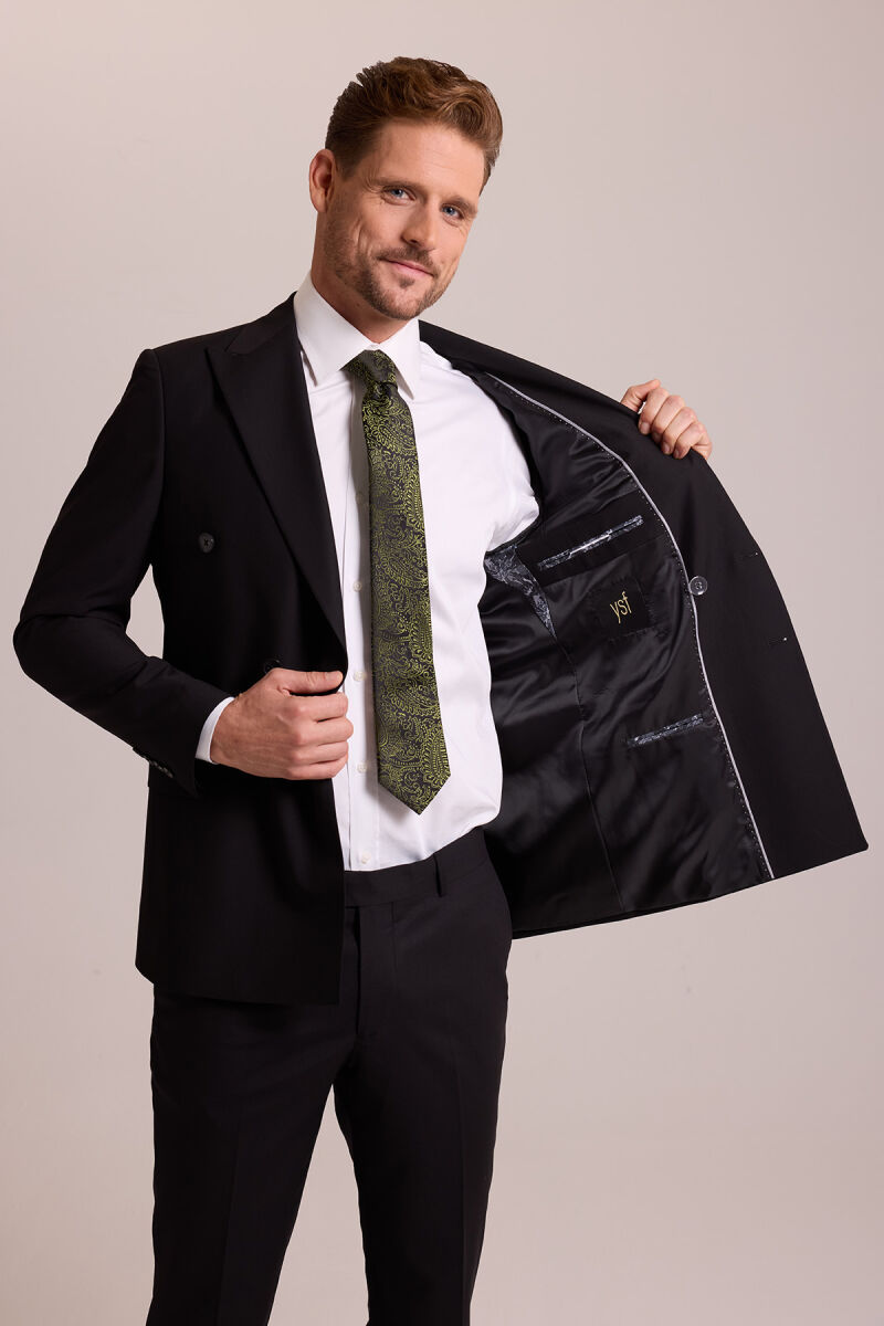 Erkek Siyah Yünlü Kruvaze Yaka Regular Fit Takım Elbise - 8