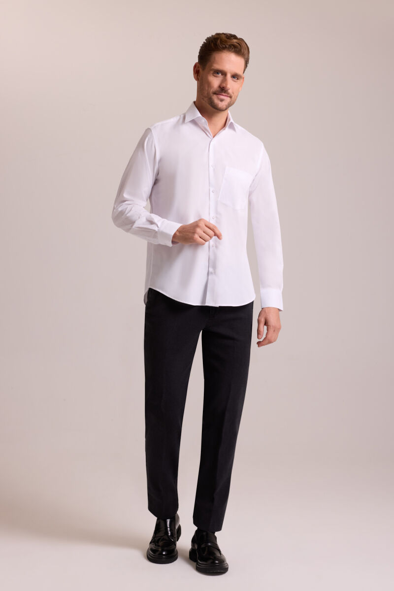 Erkek Beyaz Regular Fit Uzun Kollu Pamuklu Gömlek - 2