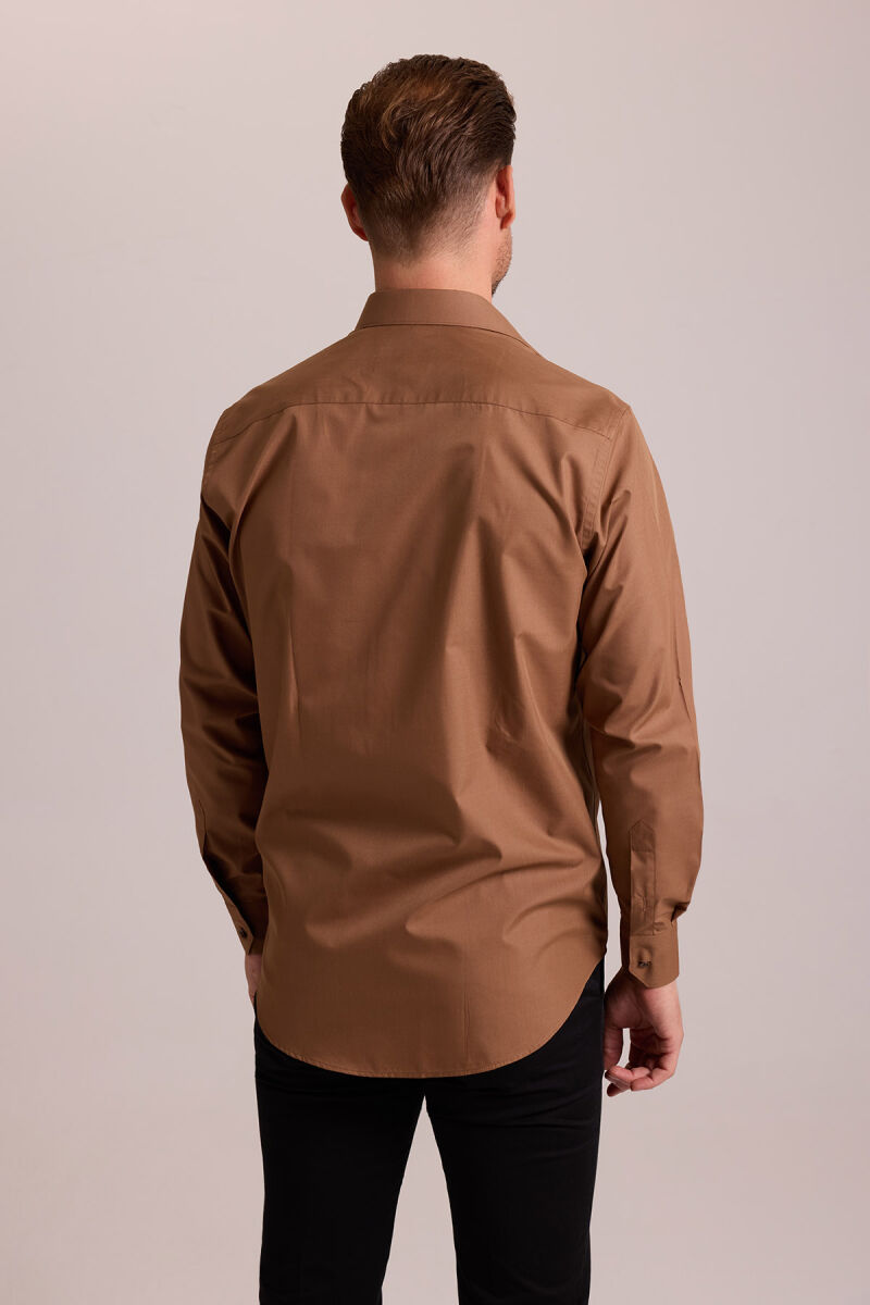 Erkek Kahverengi Uzun Kol Klasik Pamuklu Gömlek - 5
