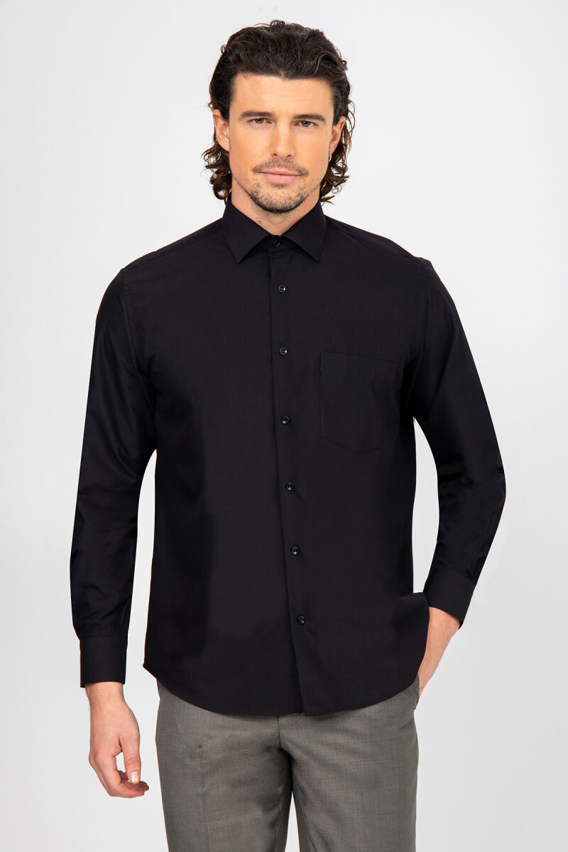 Erkek Siyah Uzun Kol Klasik Pamuklu Gömlek - 1