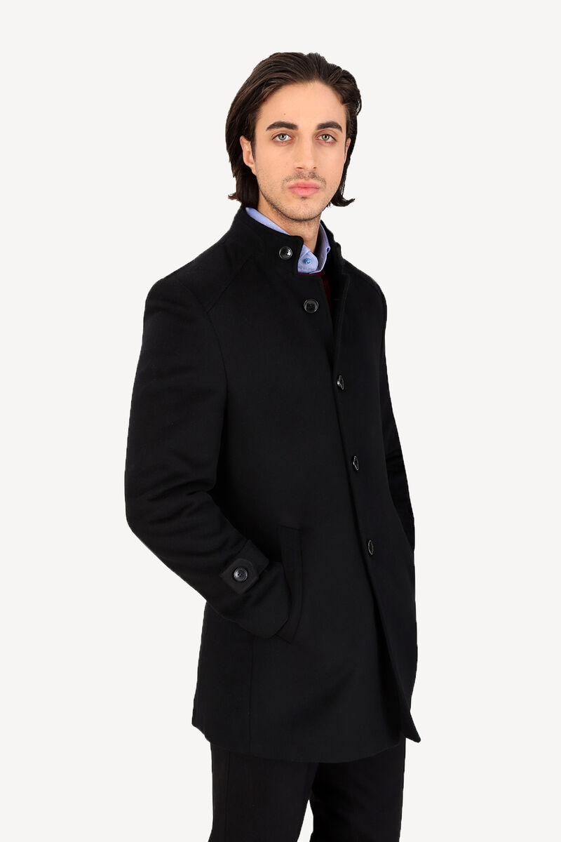 Erkek Siyah Dik Yaka Regular Fit Palto - 5