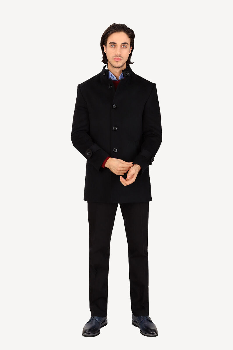 Erkek Siyah Dik Yaka Regular Fit Palto - 1