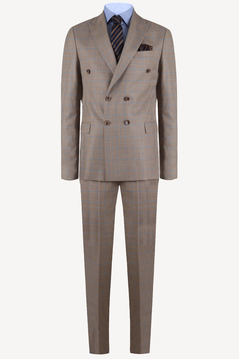 Erkek Kahverengi Çizgili Regular Fit Kruvaze Takım Elbise - 1